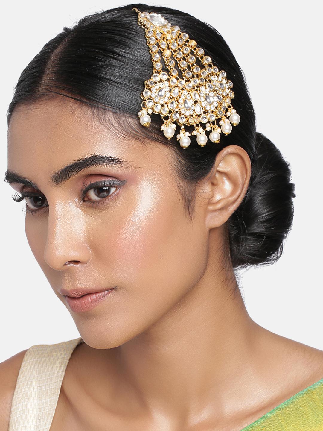 Buy I Jewels Women Gold Plated & White Kundan Pearl Studded & Beaded Jhumar Passa -  - Accessories for Women