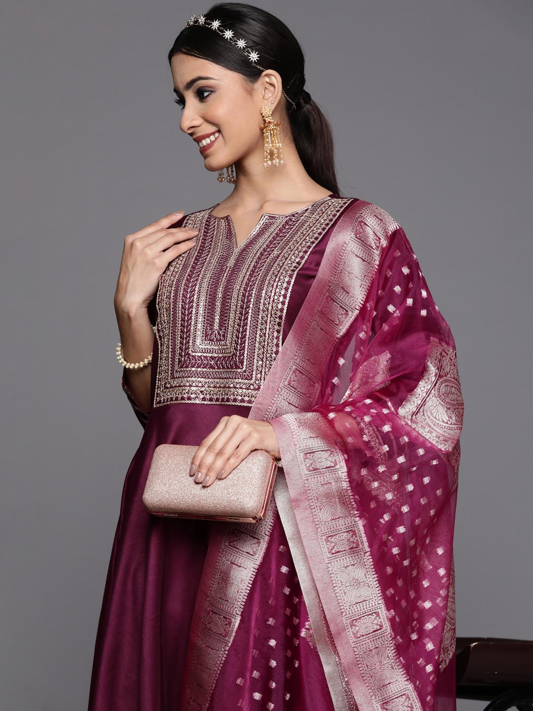Indo Era Purple Embroidered A-line Kurta Trouser With Dupatta Set