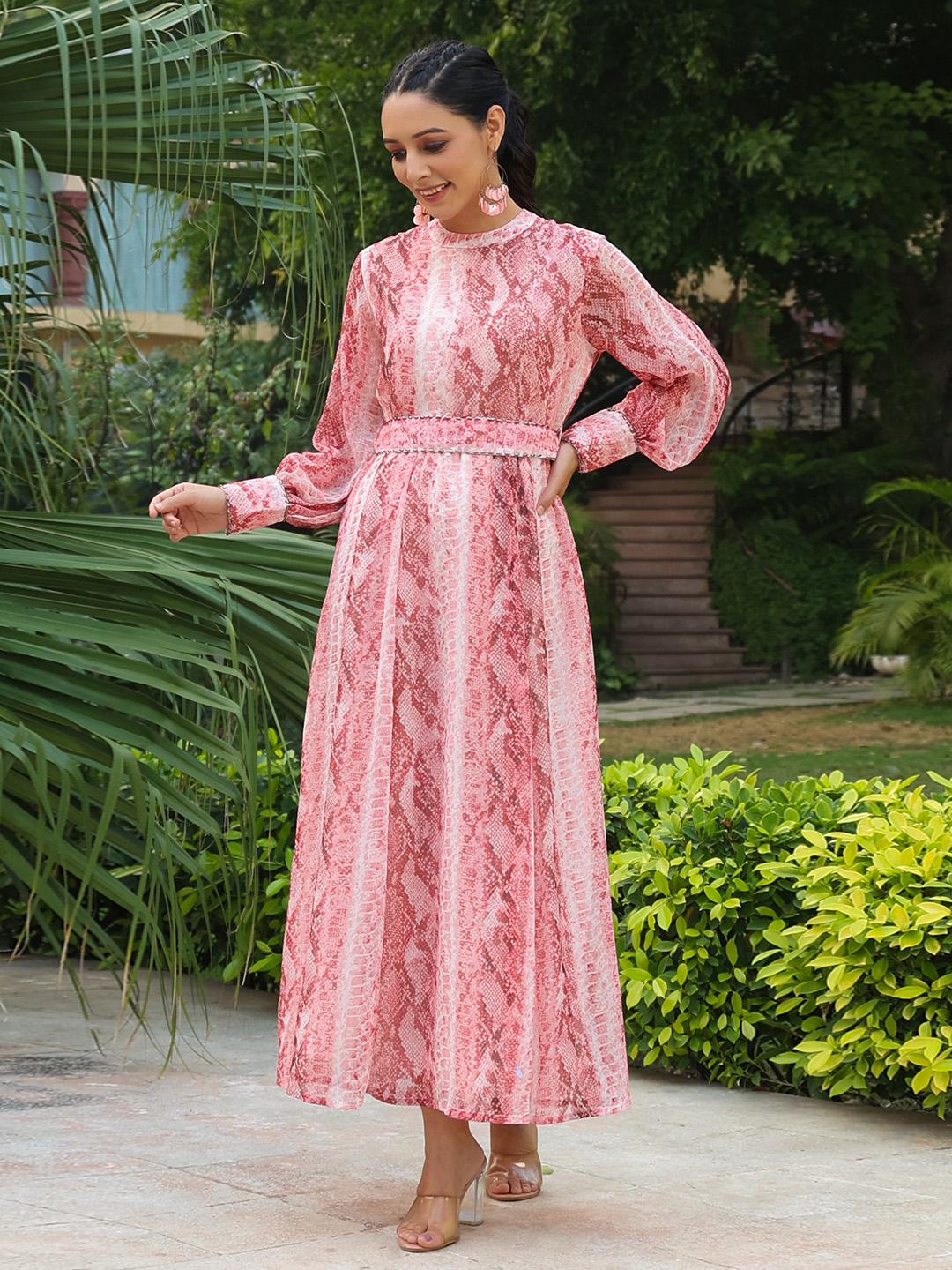 Women Peach Ethnic Motifs Printed Round Neck Cotton Maxi Dress