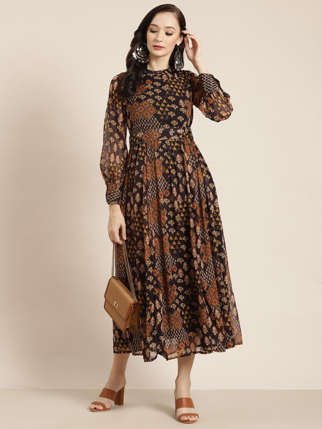 Buy Juniper Brown & Orange Chiffon Maxi Dress - - Apparel for Women