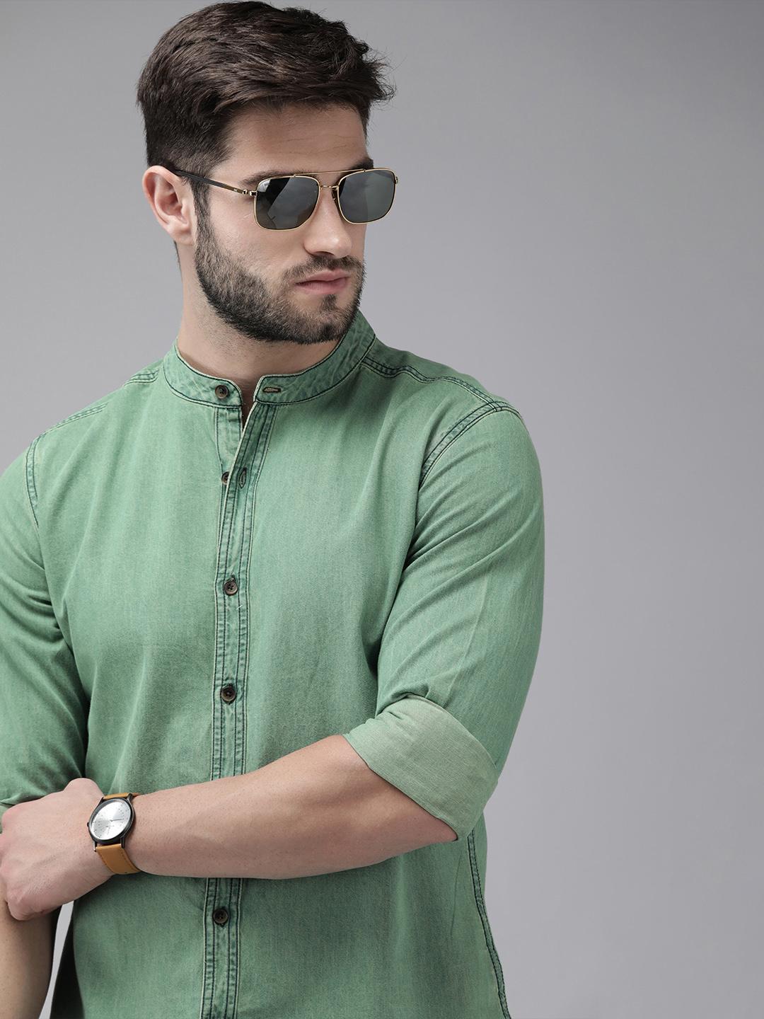 The Roadster Lifestyle Co Mandarin-Collar Regular Fit Chambray Casual Shirt
