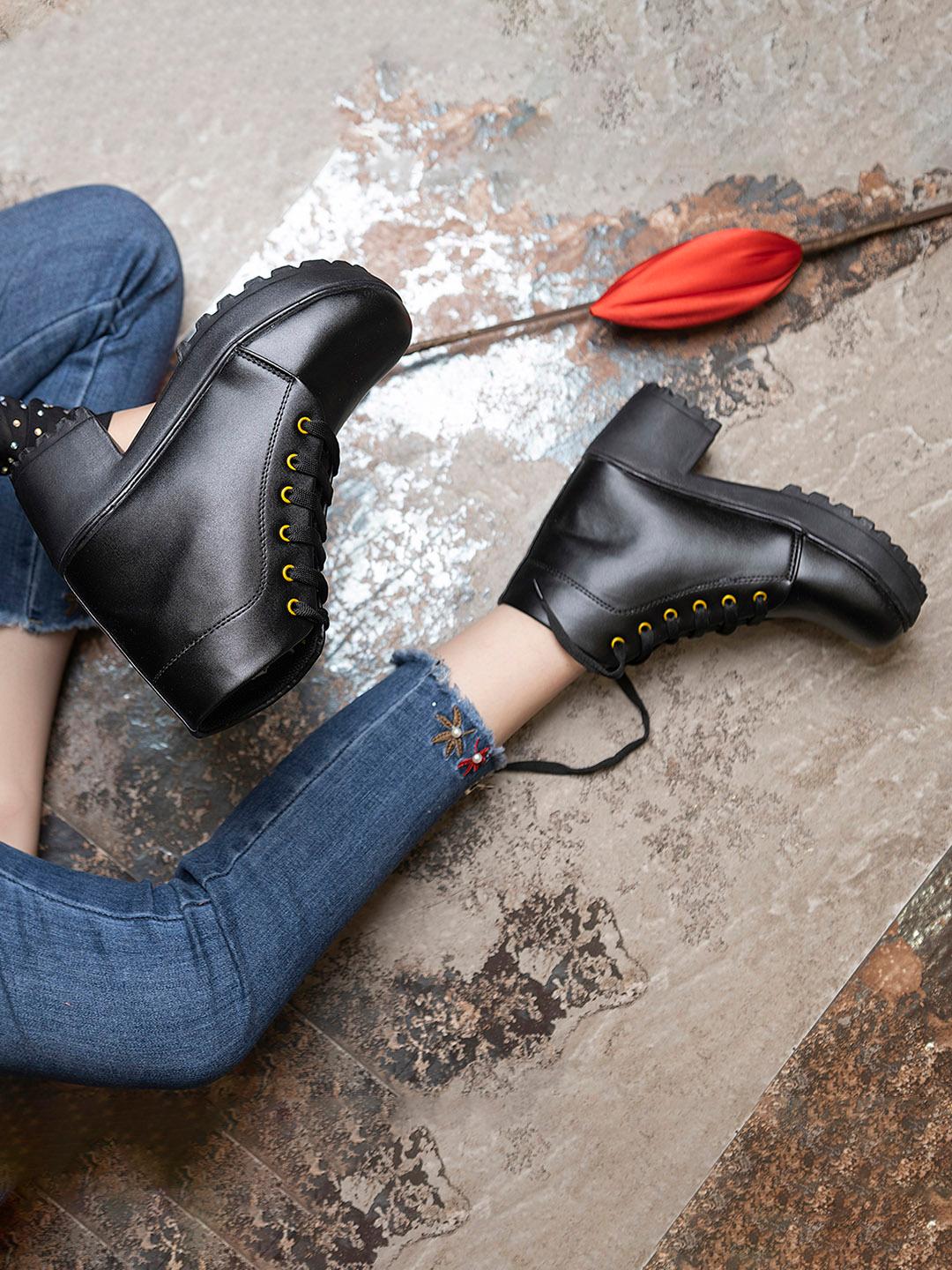 Buy Shoetopia Black Flatform Heeled Boots -  - Footwear for Women