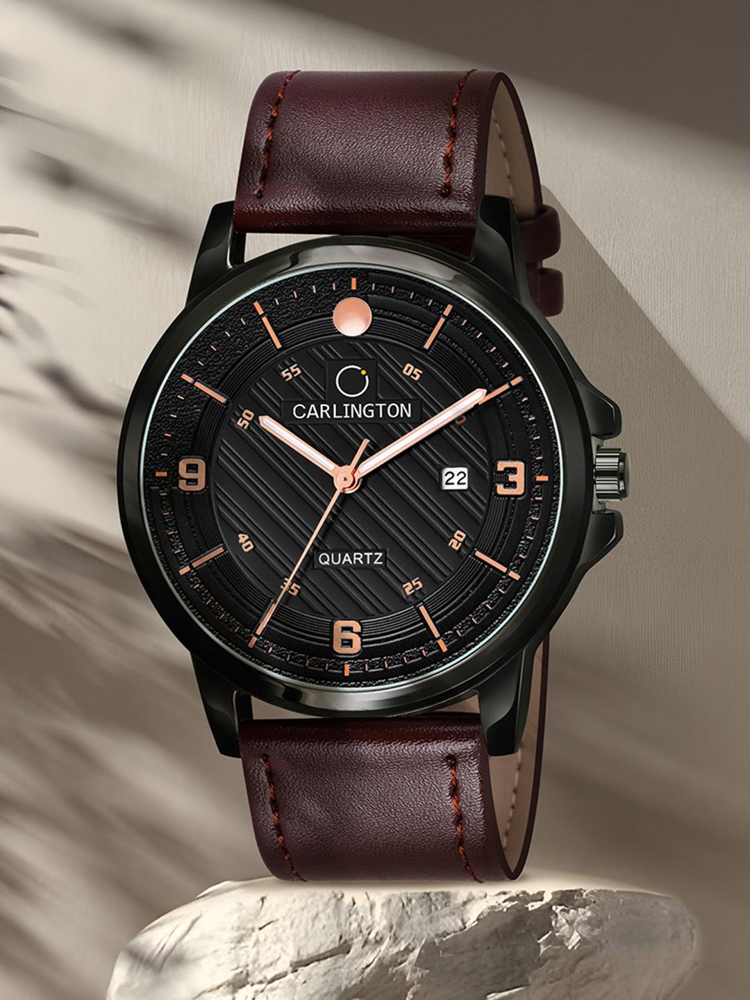 Buy CARLINGTON Men Black Alloy Dial & Brown Strap Analogue Watch CT1050 Brown Black - - Accessories for Men
