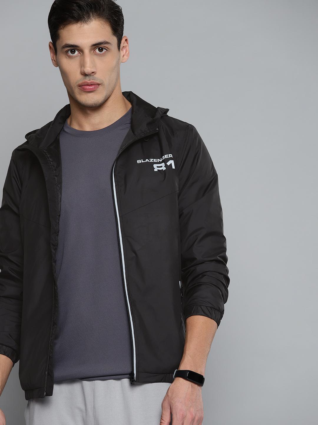 Slazenger Men Black Hooded Running Rapid-Dry Jacket with Printed Back