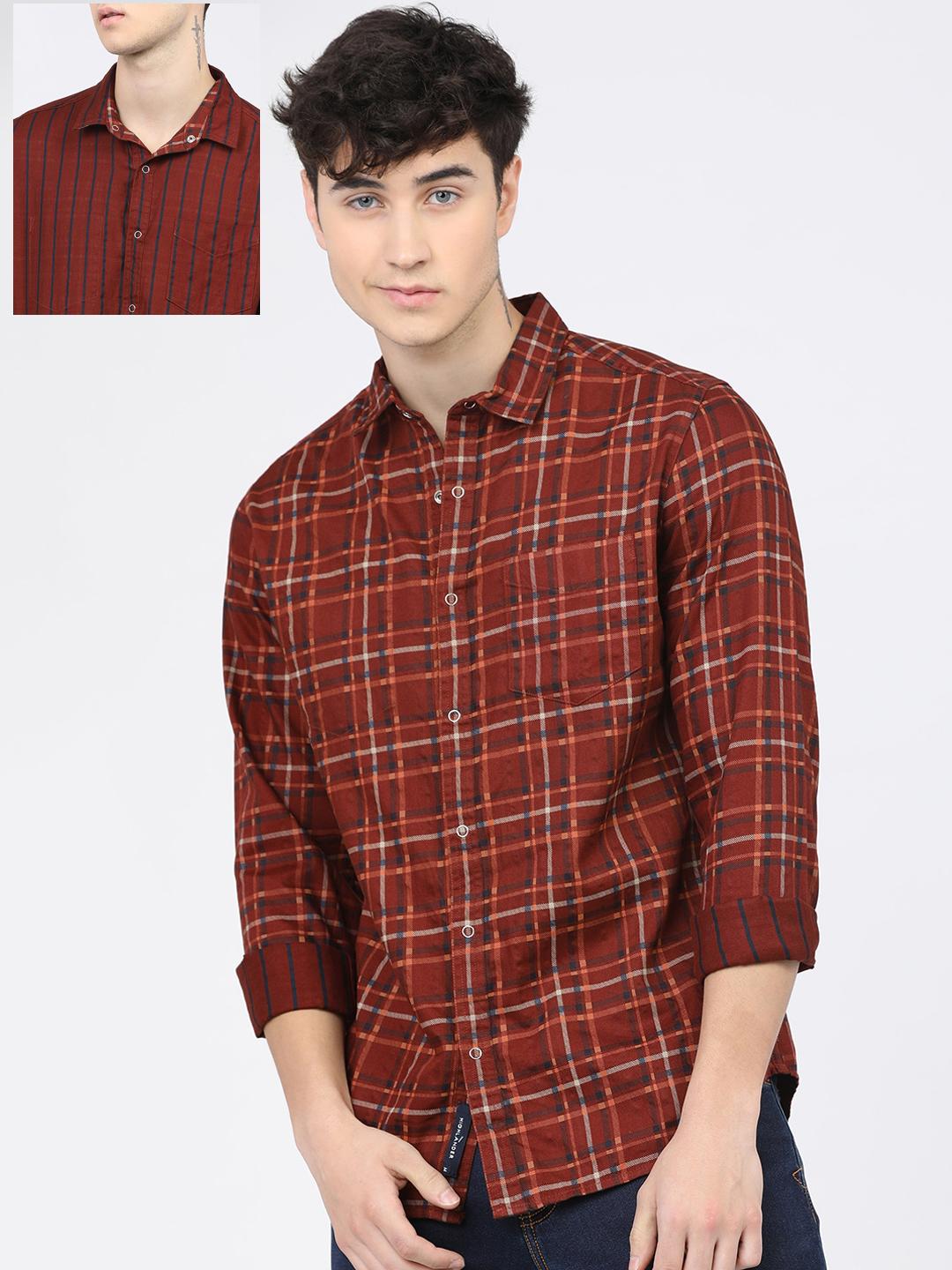 HIGHLANDER Men Rust & Black Slim Fit Tartan Checked Reversible Casual Shirt