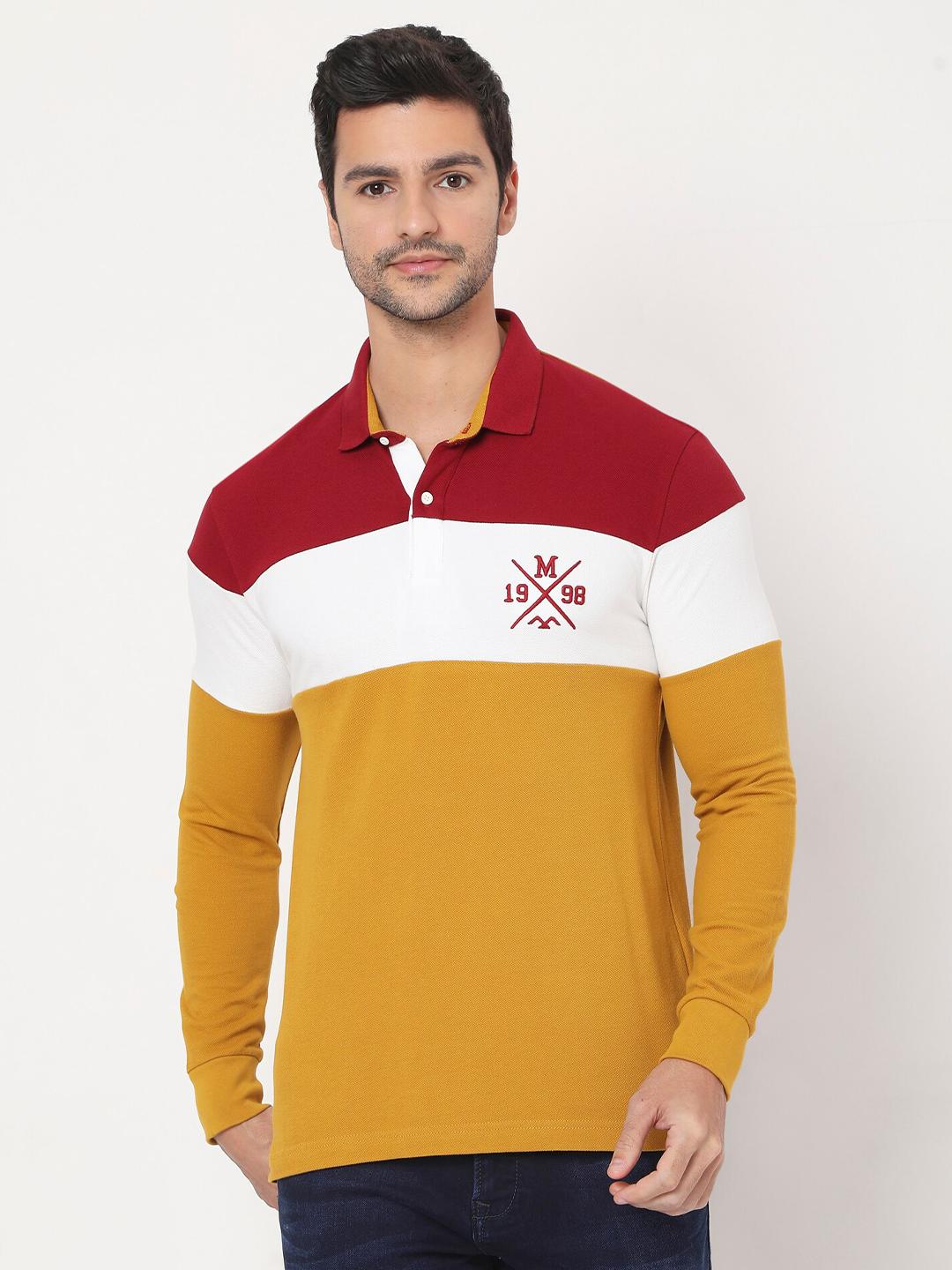 Buy Mufti Men Yellow & Red Colourblocked Polo Collar Pure Cotton Slim ...