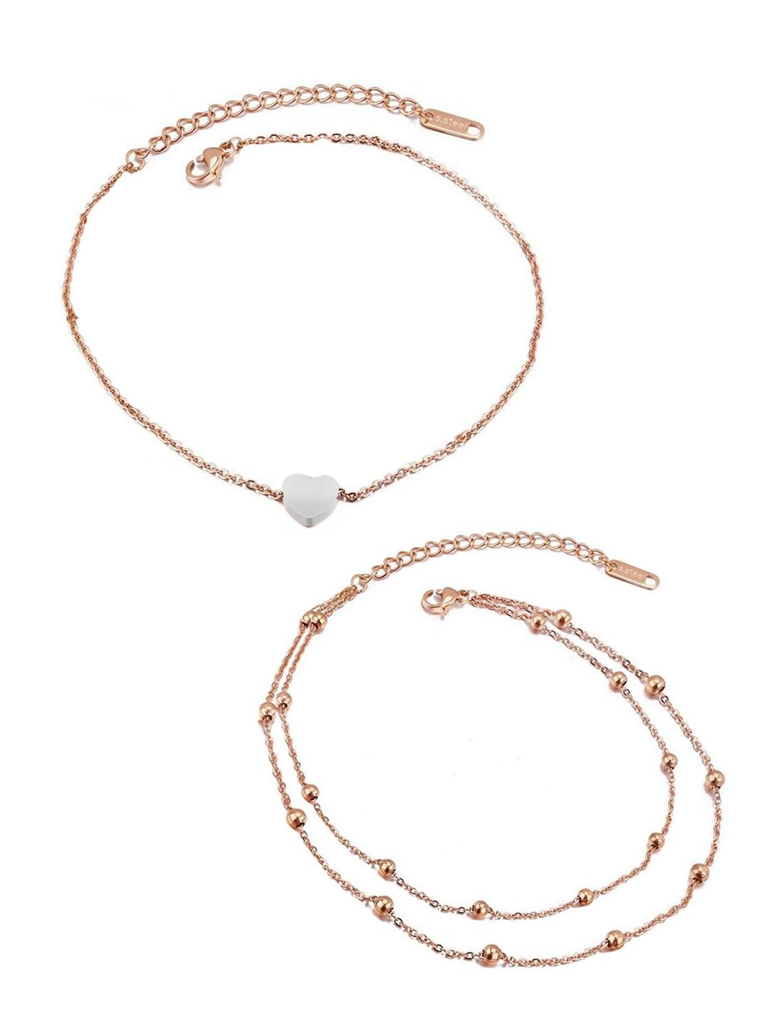 Buy OOMPH Set Of 2 Gold Tone Heart & Beads Multi Layered Anklet -  - Accessories for Women