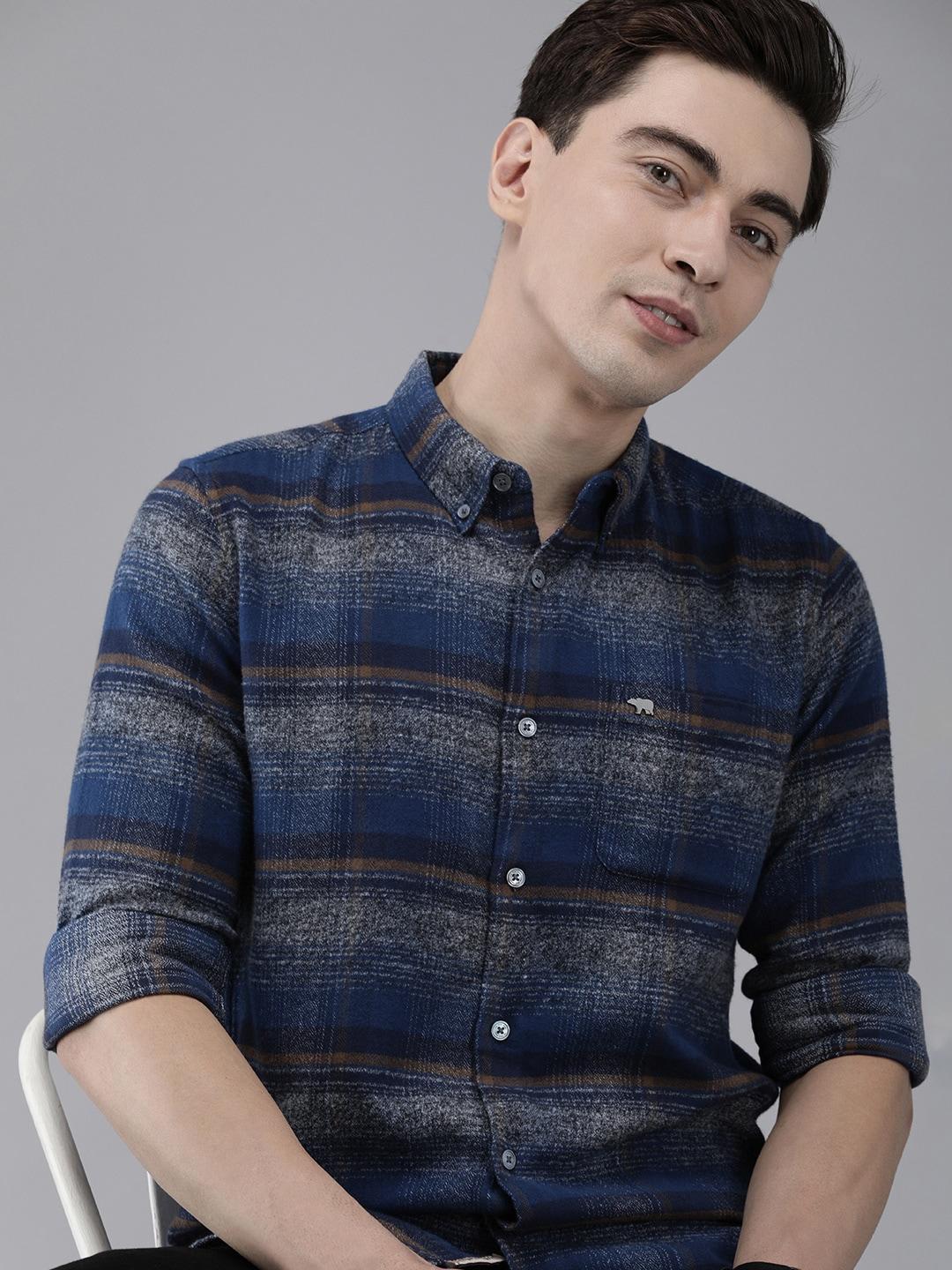 THE BEAR HOUSE Men Navy Blue Slim Fit Tartan Checked Flannel Pure Cotton Casual Shirt