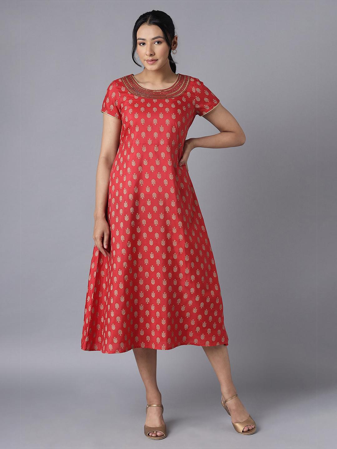 Women Green & Red Ethnic Pure Cotton A-Line Midi Dress