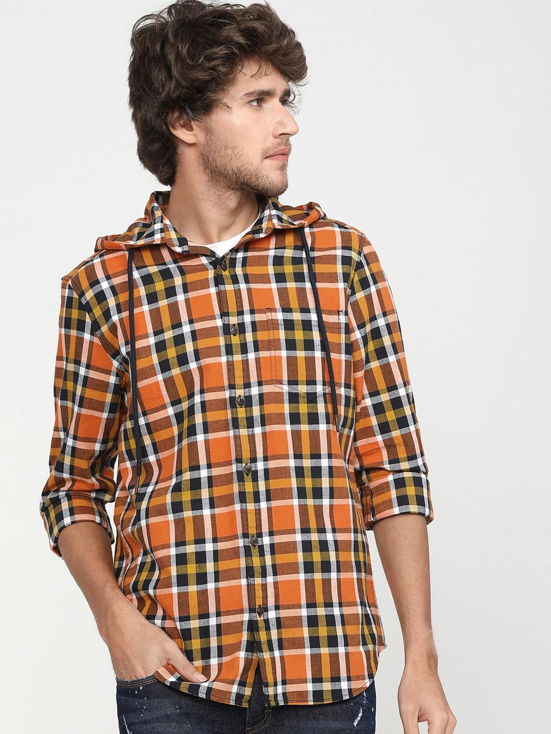 HIGHLANDER Men Orange & Black Slim Fit Cotton Checked Casual Shirt