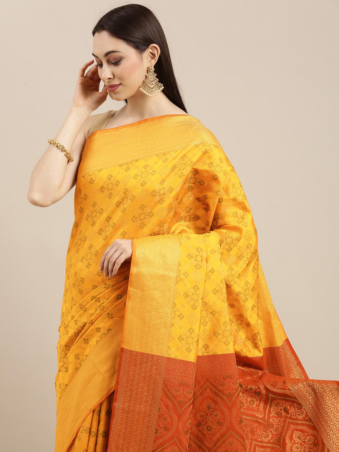 Mustard Paisley Woven Design Silk Blend Saree With Unstitched Blouse Piece