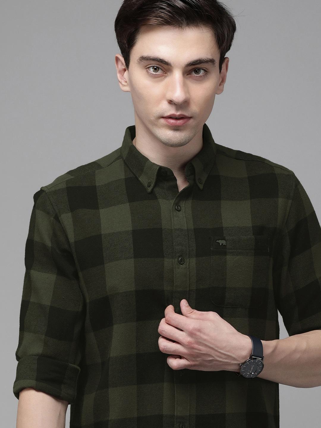 THE BEAR HOUSE Men Olive Green Slim Fit Pure Cotton Checked Casual Shirt