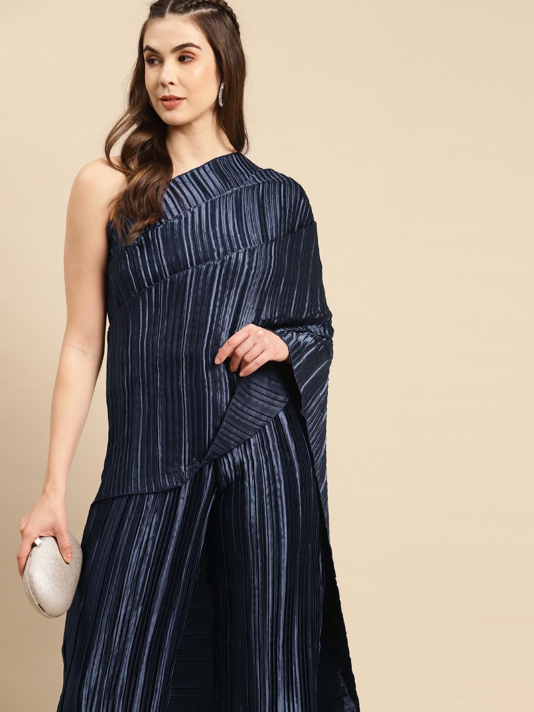 Buy MABISH By Sonal Jain Navy Satin Finish Accordion Pleats Jumpsuit buy-mabish-by-sonal-jain-navy-satin-finish-accordion-pleats-jumpsuit