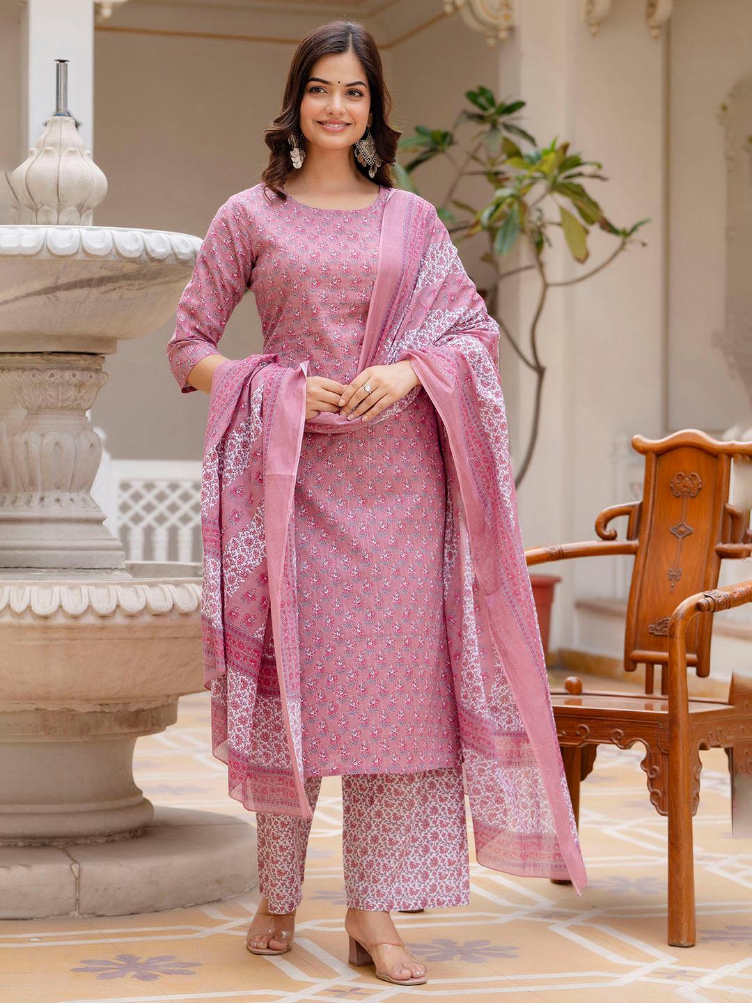 Women Pink Cotton Printed Kurta Pant Plazzo and Dupatta set