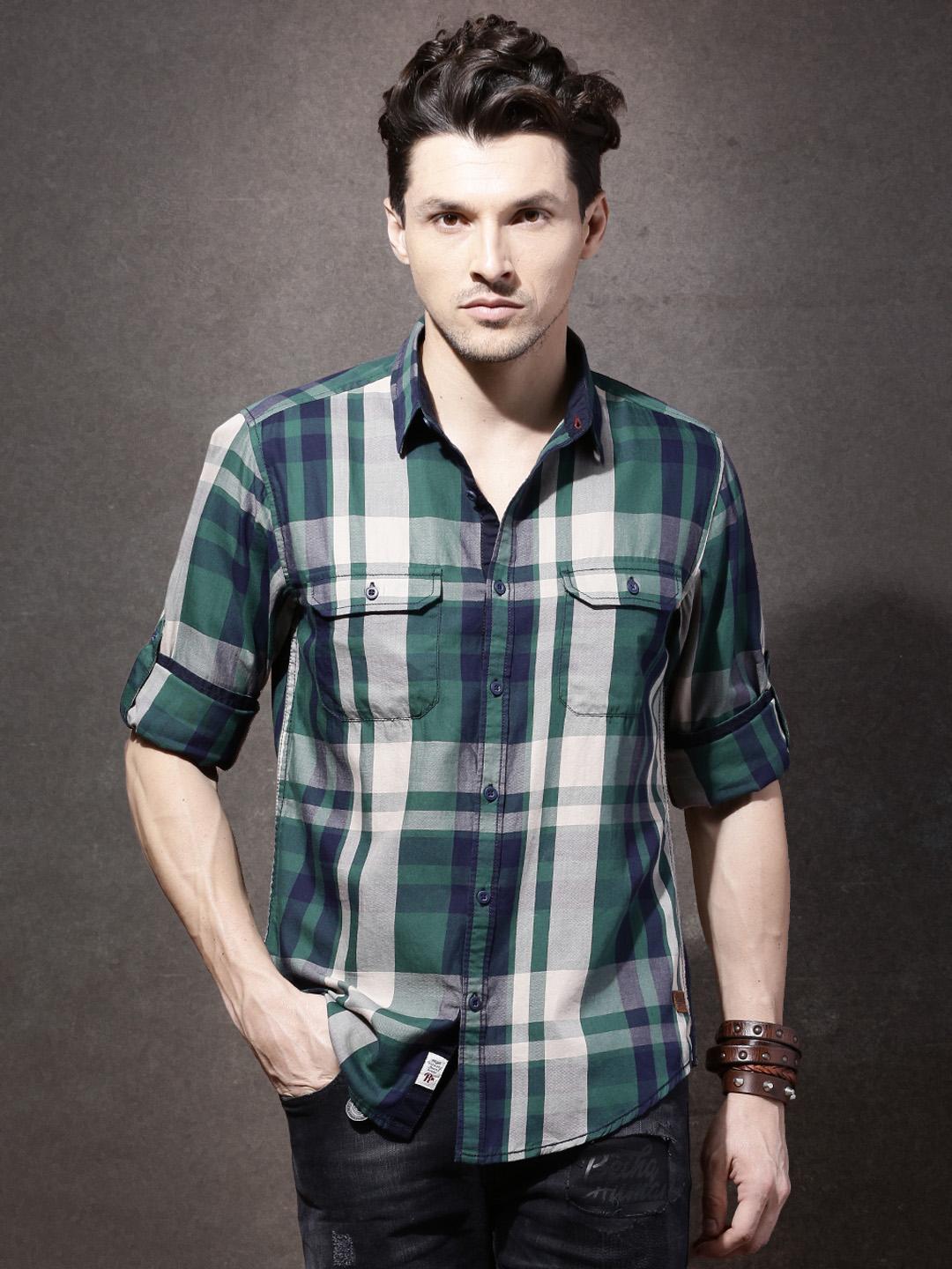 Roadster Men Green & Beige Checked Casual Shirt