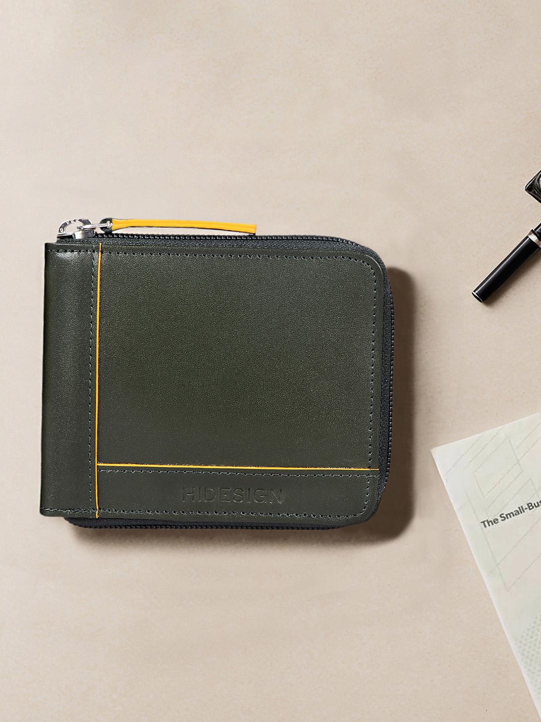 Buy Hidesign Men Green & Yellow Textured Leather Zip Around Wallet - - Accessories for Men