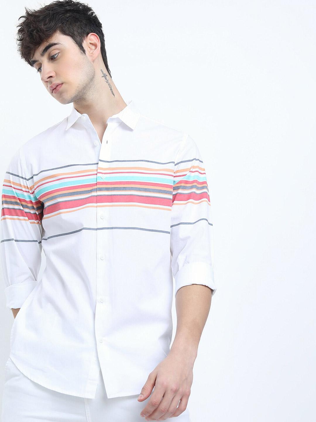 HIGHLANDER Men White Slim Fit Striped Casual Shirt