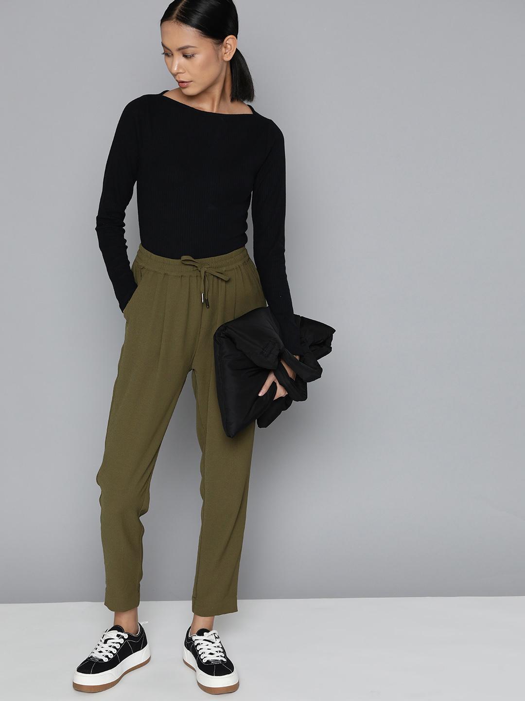 Buy Ether Women Olive Green Solid Regular Fit Trousers - Trousers for ...