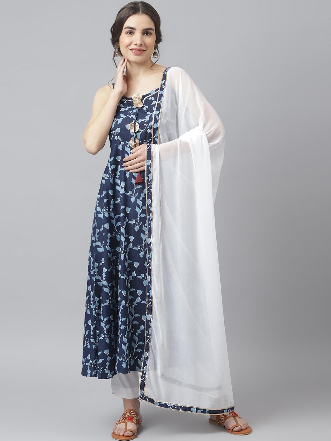 Women Navy Floral Gathered Kurta With Pencil Pants & Dupatta main image 1