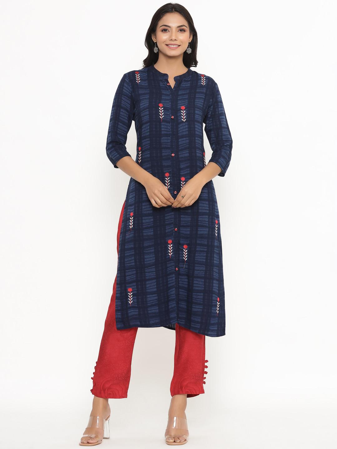 Women Navy Blue Embroidered A-Line Kurta Trousers Set