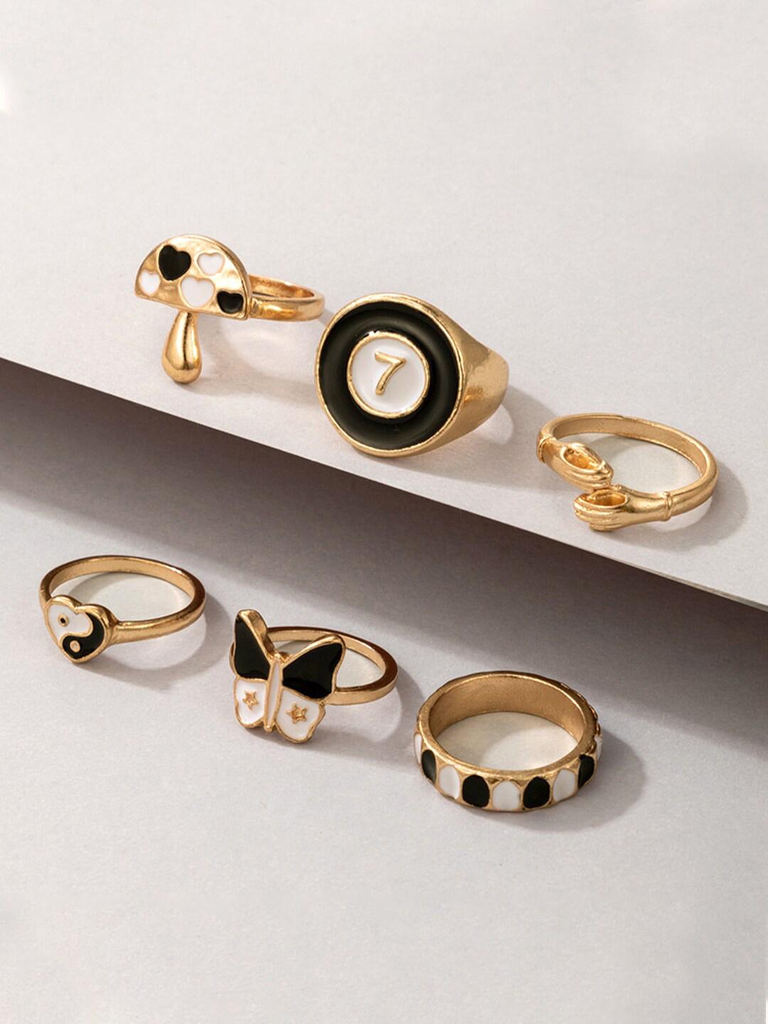 Buy Yellow Chimes White Set Of 6 Gold Plated & Black Design Detailed Finger Enamel Ring - - Accessories for Women