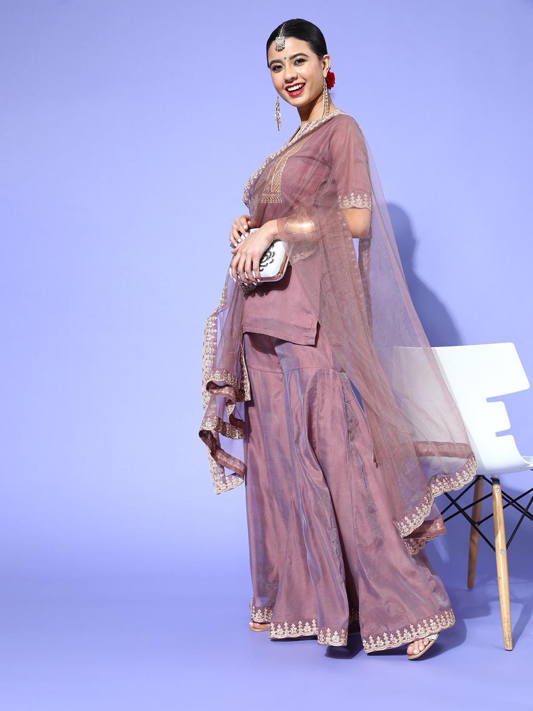 Buy Inddus Women Floral Thread Sequinned Embroidered Kurta, Palazzos & Dupatta Set - - Apparel for Women