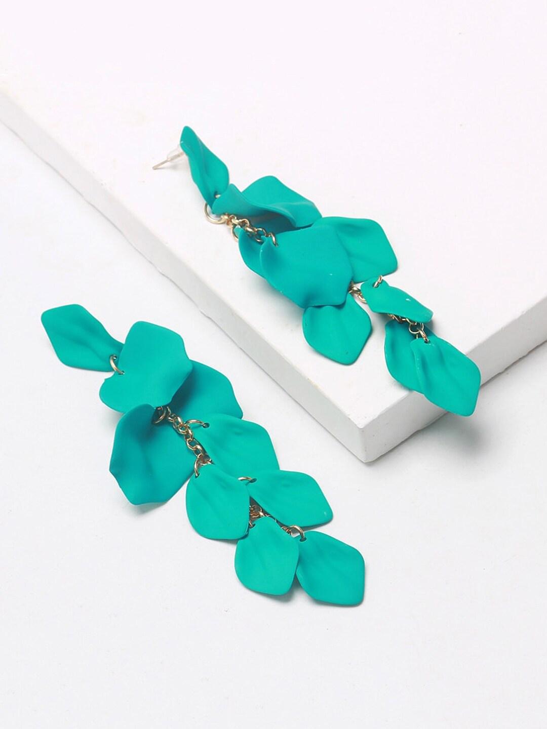 Buy Yellow Chimes Teal Blue Flower Petals Design Danglers Earrings - - Accessories for Women