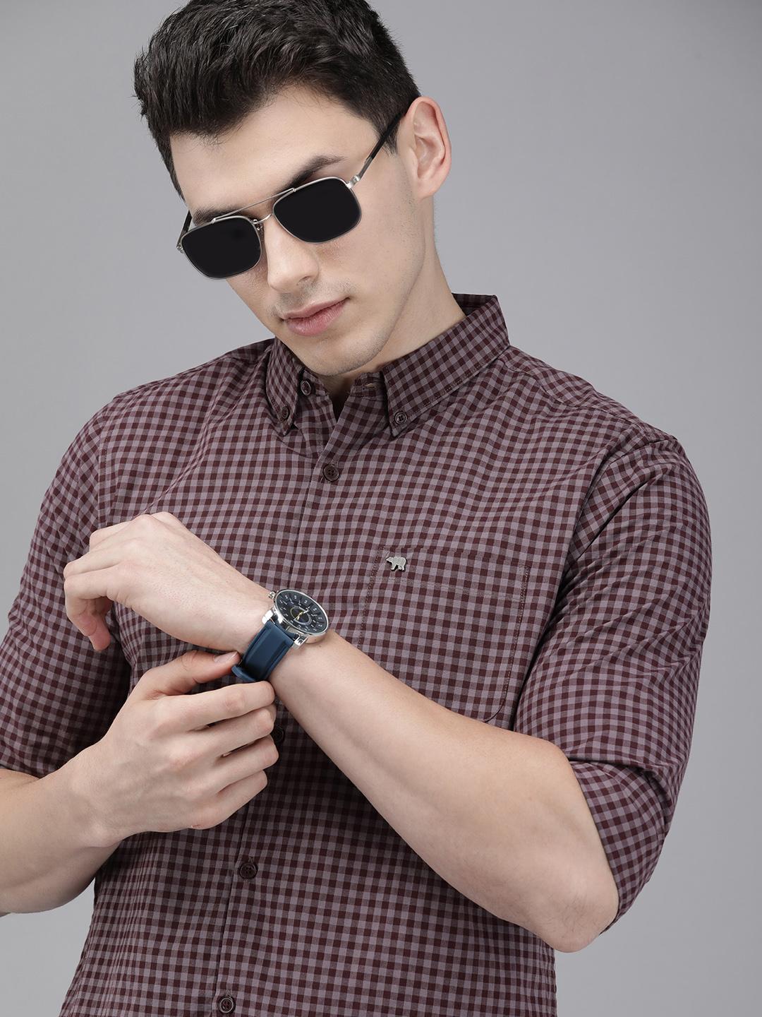 THE BEAR HOUSE Men Maroon & Pink Slim Fit Gingham Checked Cotton Shirt