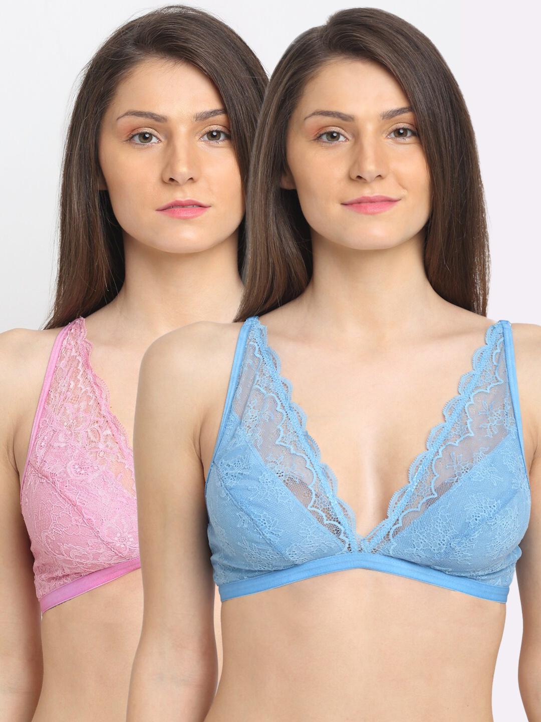 Buy Aoba Blue & Pink Set Of 2 Floral Lace Non Padded Bralette Bra -  - Apparel for Women