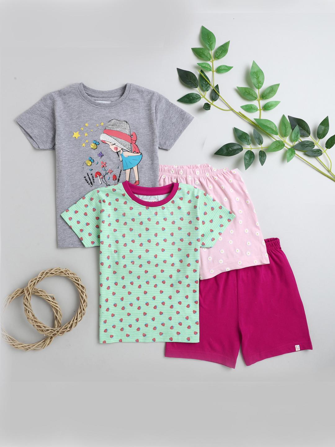 Buy BUMZEE Girls Pack Of 2 Grey & Pink Printed Pure Cotton T Shirt With Short -  - Apparel for Girls