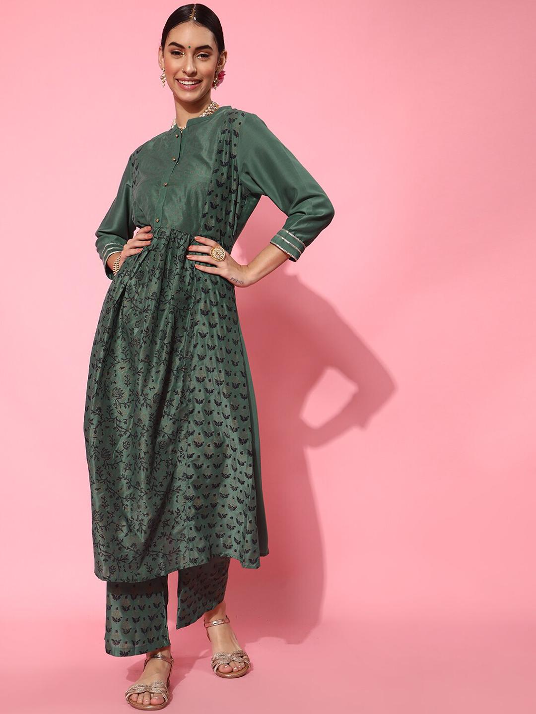 Women Green Embroidered Straight Kurta Trousers With Dupatta Set