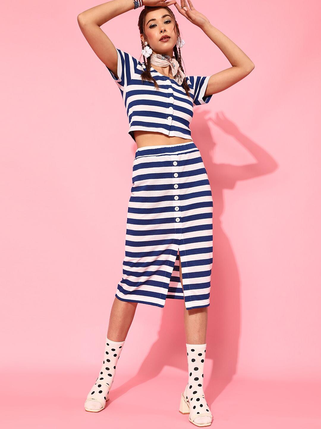 Buy STREET 9 Women Stunning Blue Striped Top With Skirt - - Apparel for Women