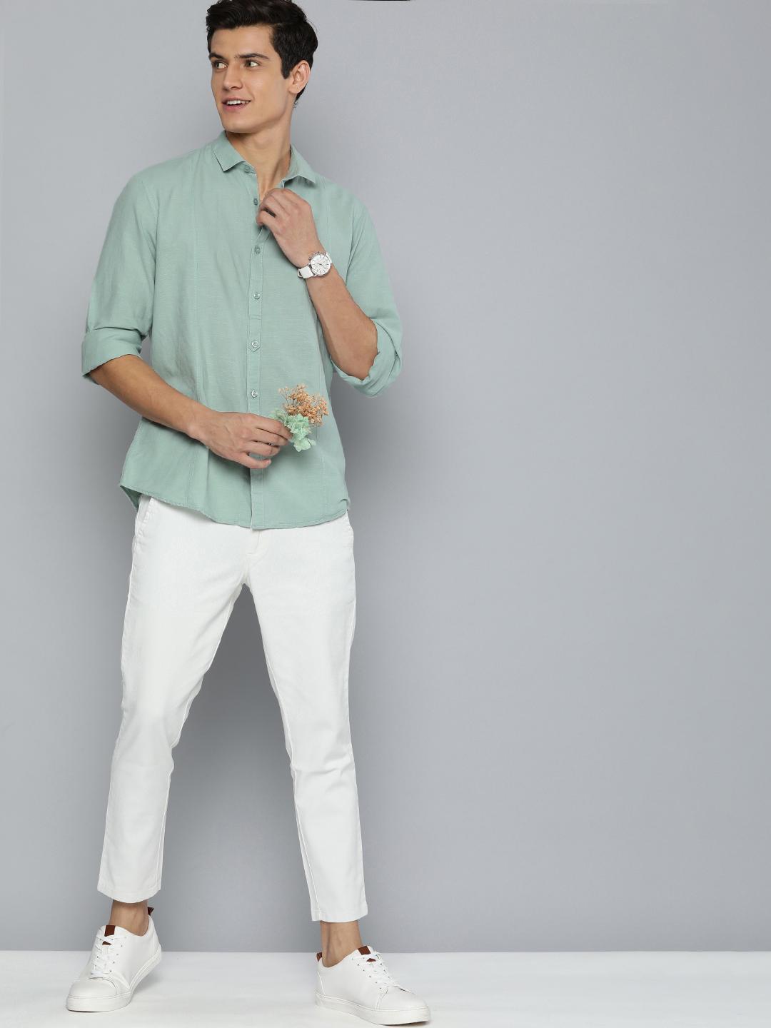 Mast & Harbour Men Sage Green Solid Casual Cotton Linen Shirt