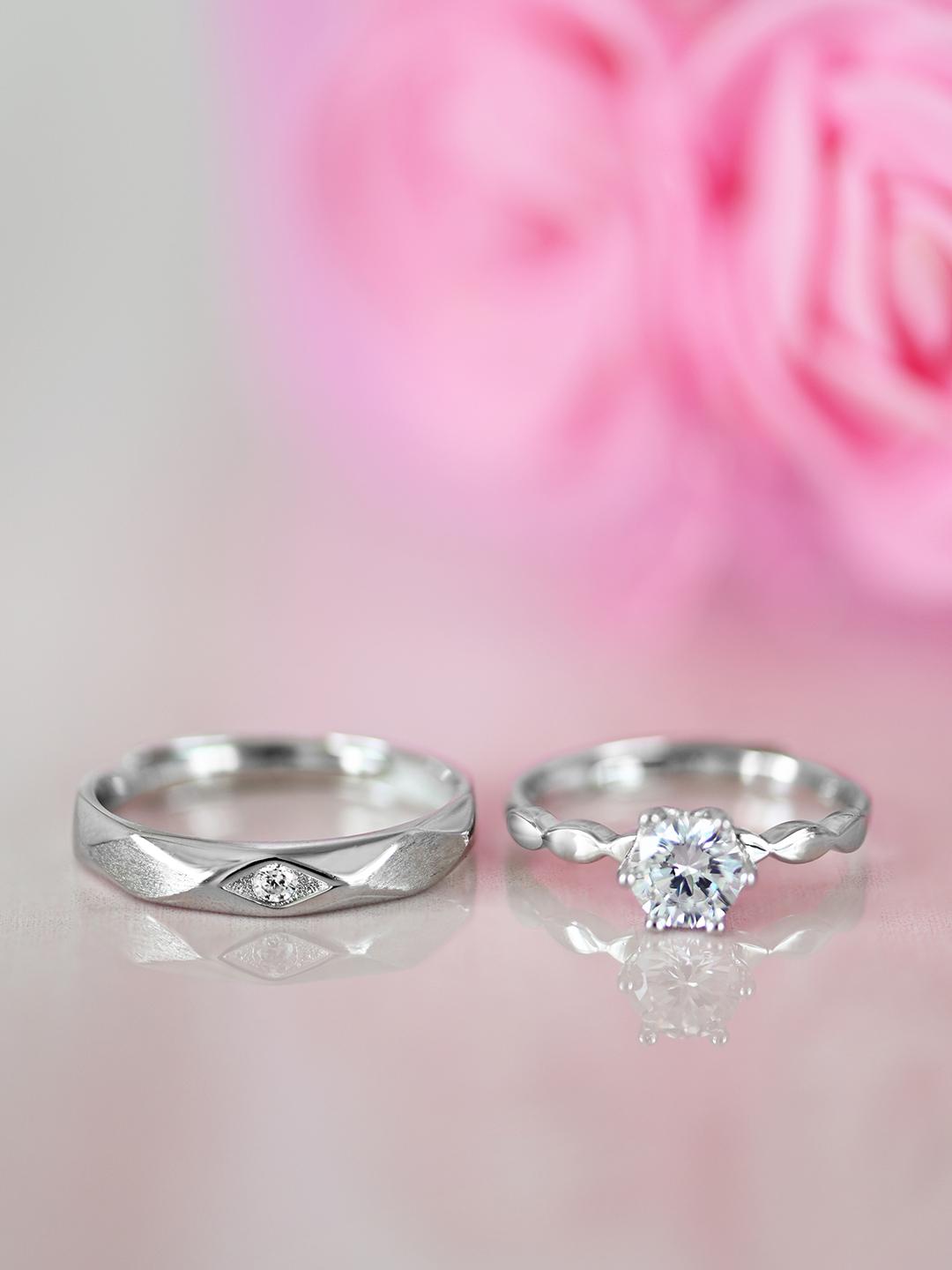 Buy Zavya Set Of 2 925 Sterling Silver Rhodium Plated CZ Studded Couple Rings - - Accessories for Women