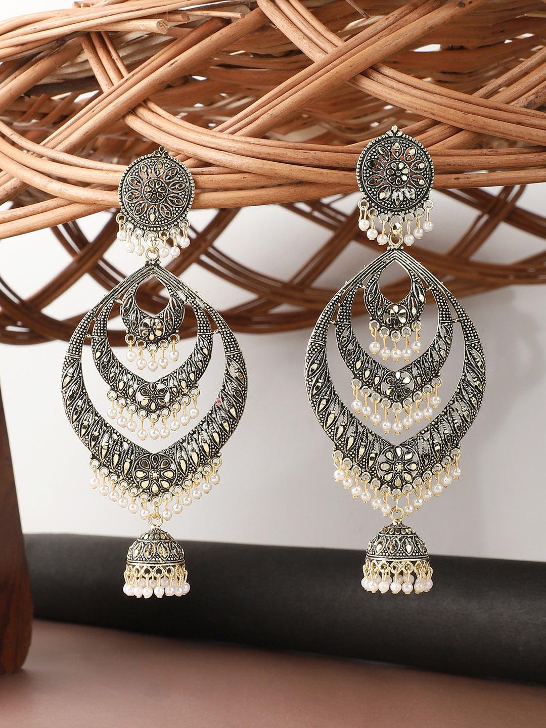 (Optional) Buy ANIKAS CREATION Gold Plated Gunmetal Toned Contemporary Jhumka Earrings - - Accessories for Women