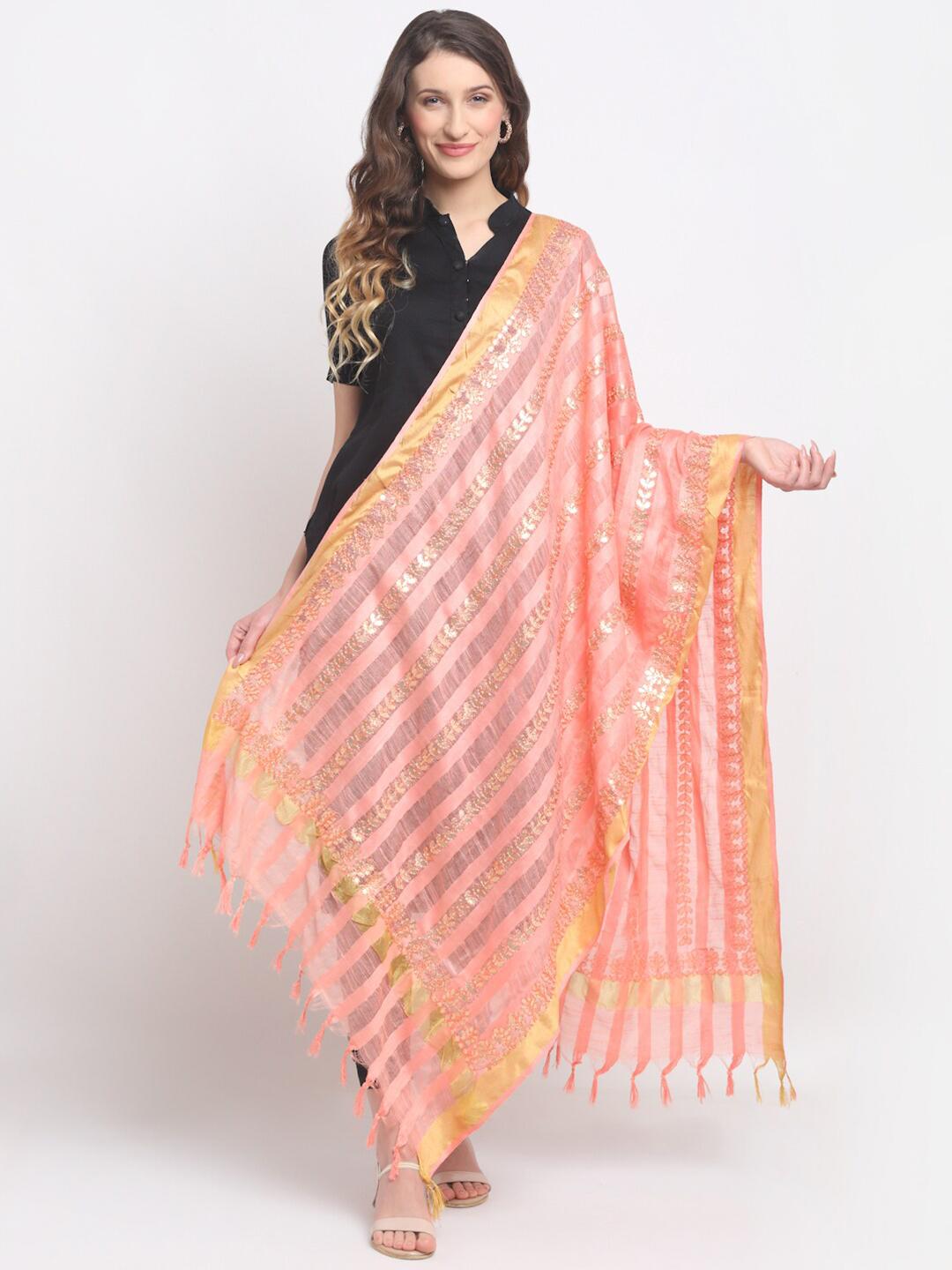 SOUNDARYA Peach-Coloured & Gold-Toned Woven Design Dupatta