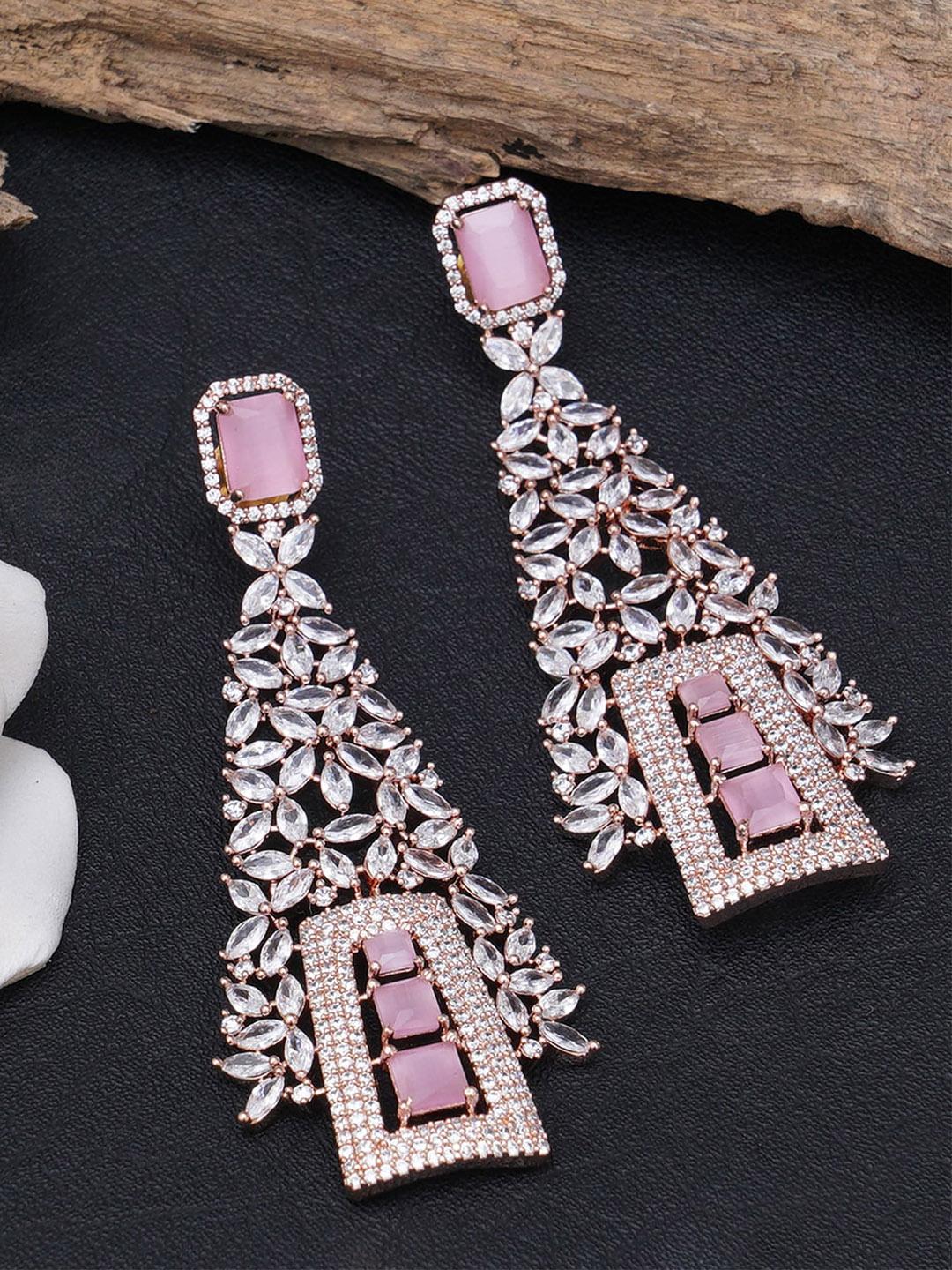 Buy KARATCART Pink & Rose Gold American Diamond Studded Contemporary Drop Earrings - - Accessories for Women