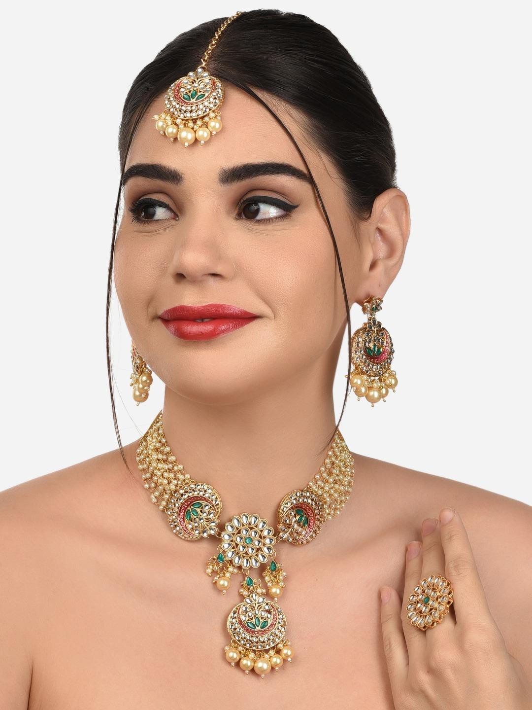Buy Zaveri Pearls Gold Plated Pink & Green Pearls Studded & Beaded Meenakari Ethnic Jewellery Set -  - Accessories for Women