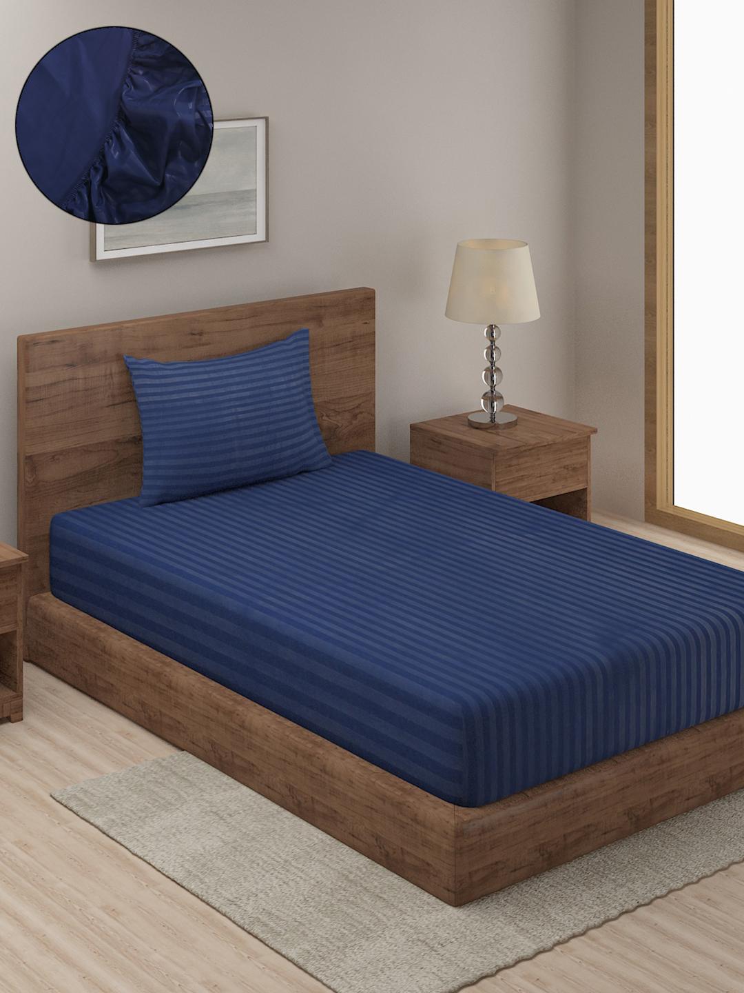 Buy HOSTA HOMES Navy Blue Striped Poly Satin 280 TC Fitted Single Fine Bedsheet With A Pillow Cover 89 X 59 Inches -  - Home for Unisex