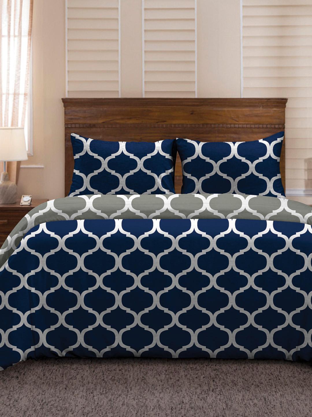 Buy Divine Casa Blue & Grey 150 TC Double Geometric Printed Duvet Cover With 2 Pillow Cases - - Home for Unisex
