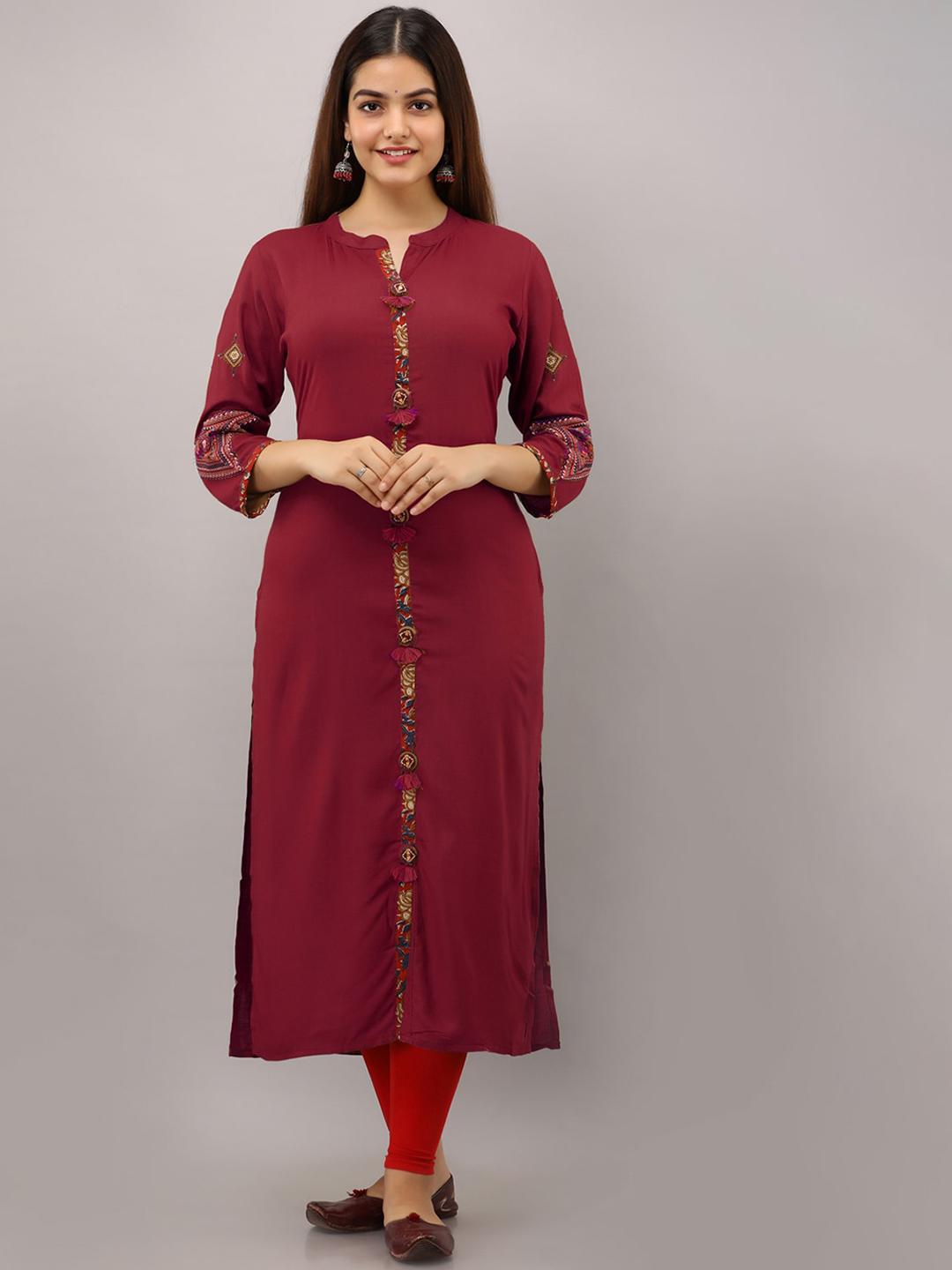 Maroon Floral Printed Kurta With Draw String Detailed Sleeves And Pale Yellow Pants