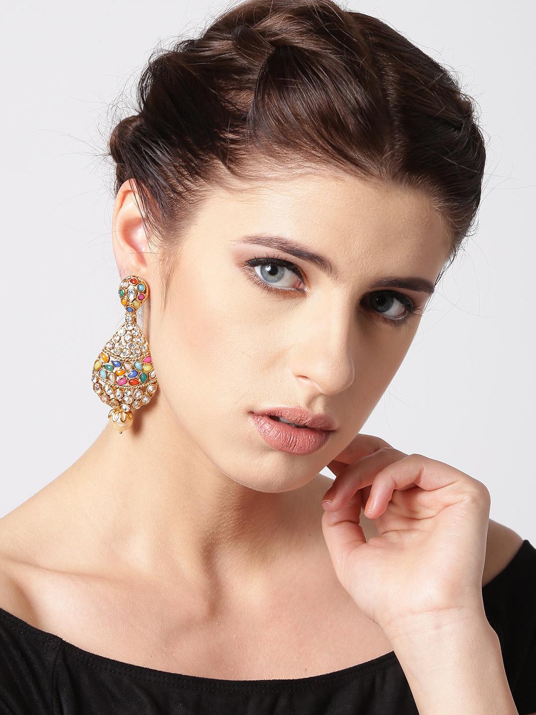 Buy PANASH Multicoloured Gold Plated Stone Studded Antique Drop Earrings -  - Accessories for Women