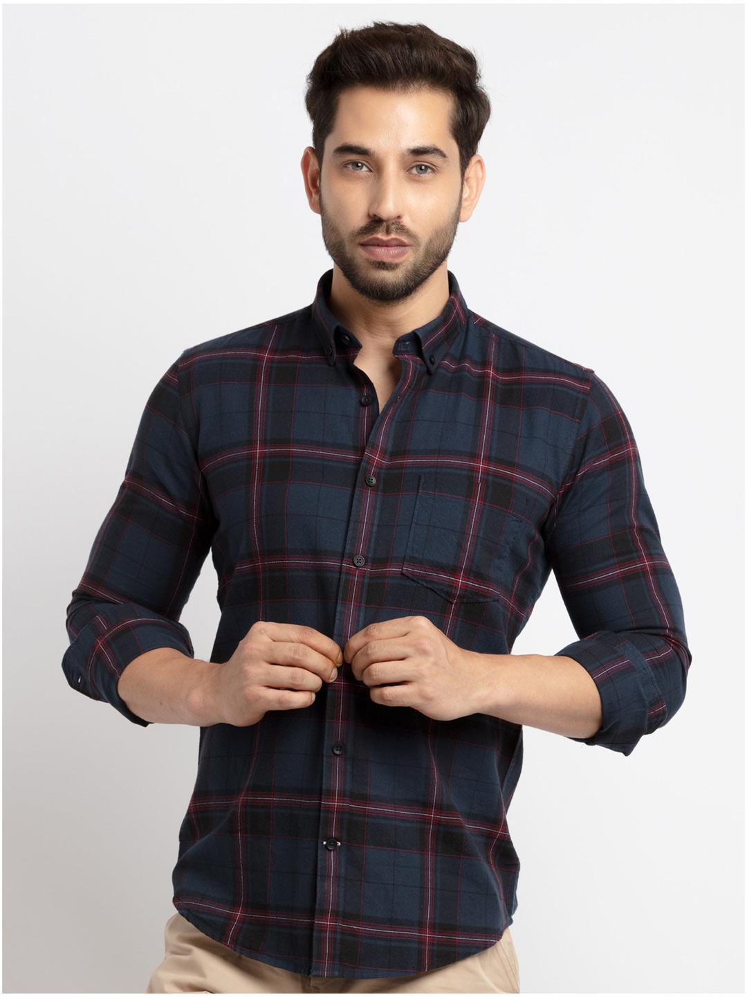 Men's Navy Blue Standard Slim Fit Tartan Checked Cotton Casual Shirt