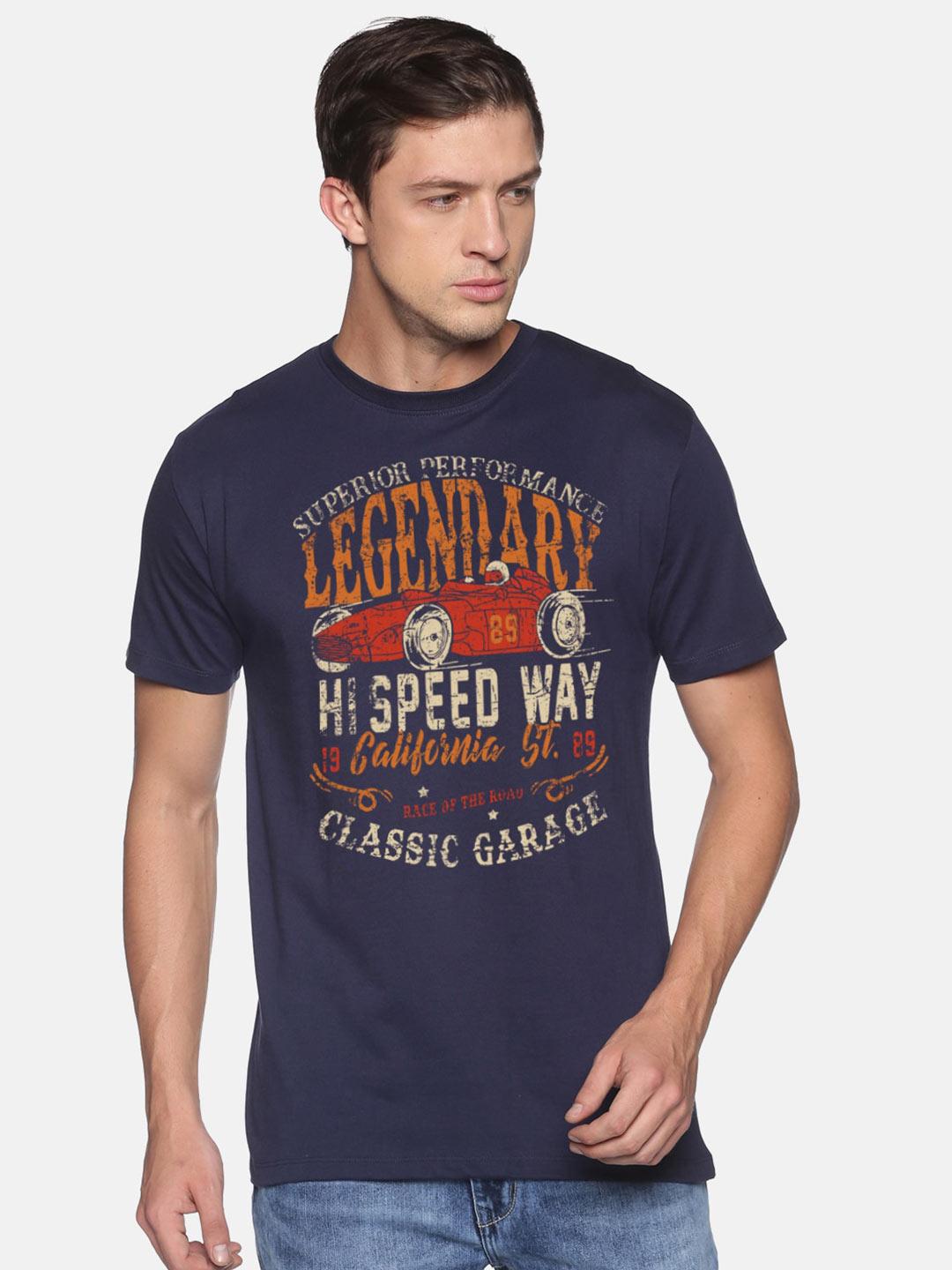 Men's Navy Blue Typography Printed Slim Fit T-shirt