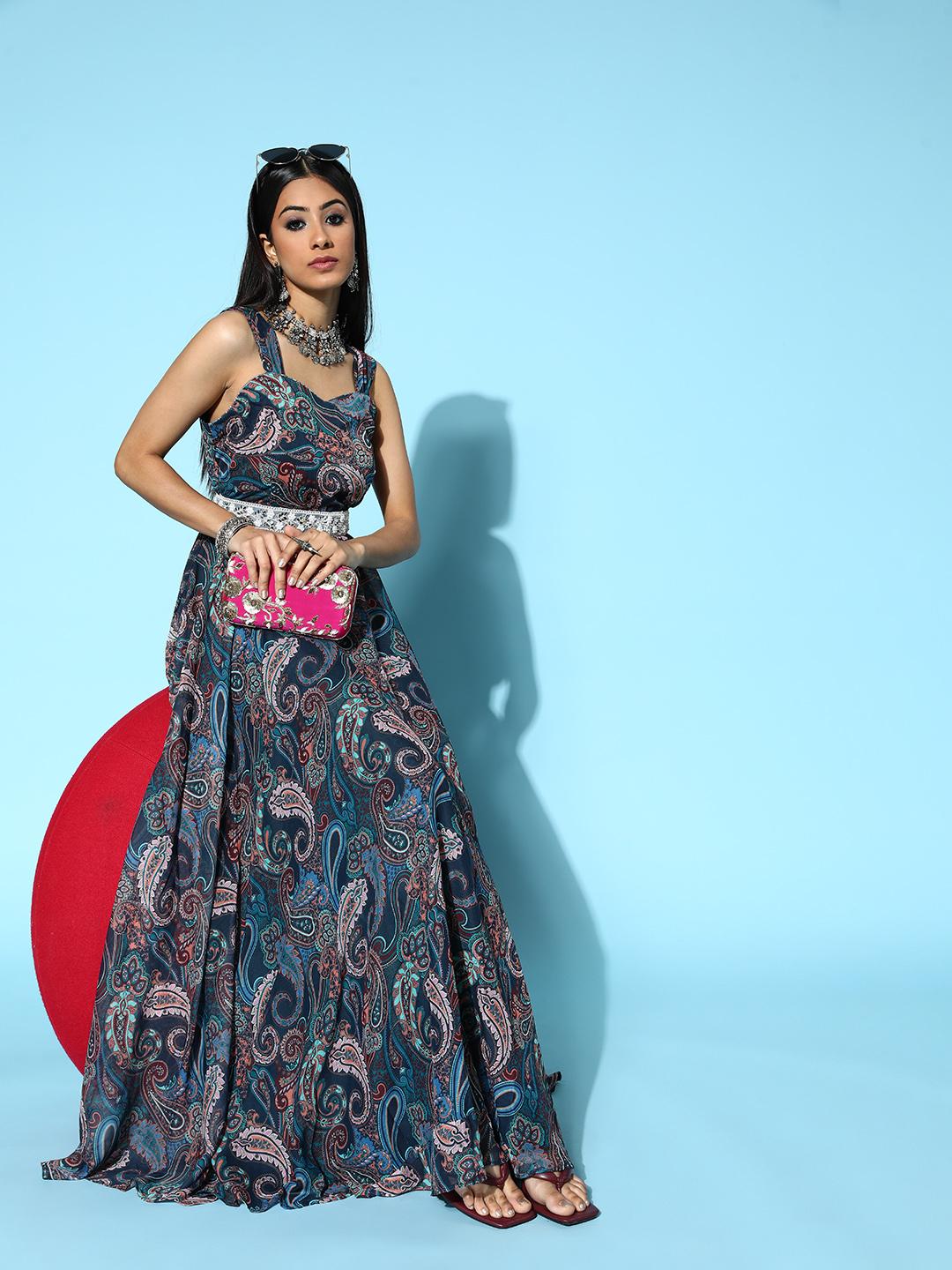 Deep Navy Blue Ethnic Motifs Draped Dress Indo Western Fusion Outfit main image 1
