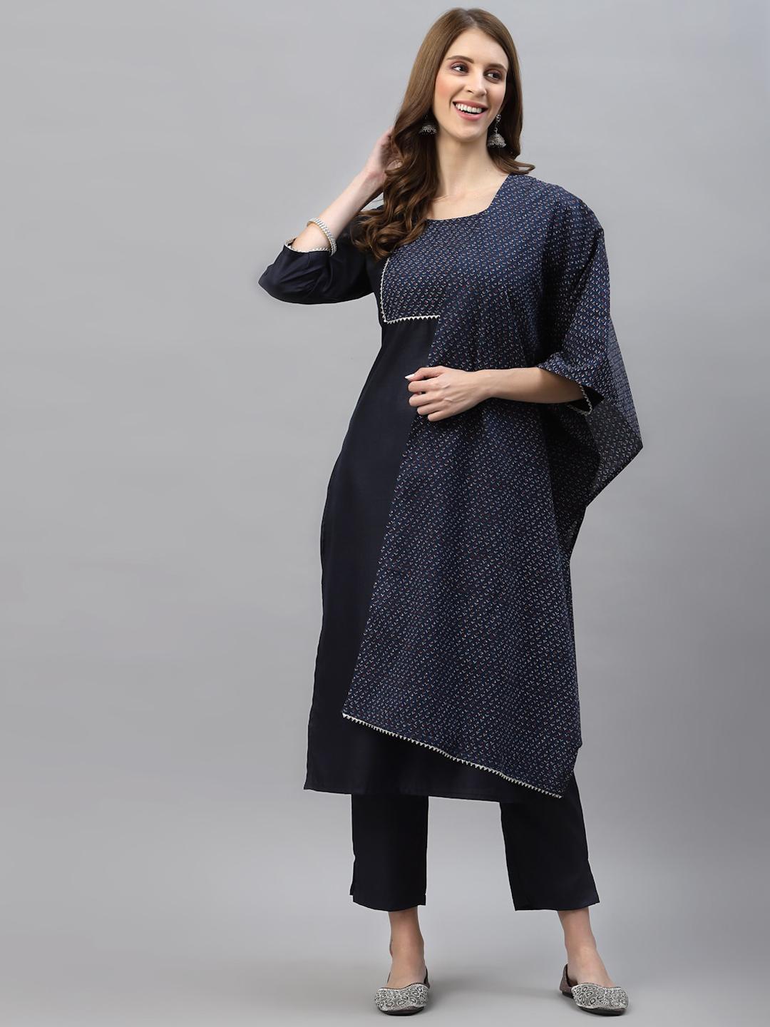 Women's Navy Blue Printed Kurta Set with Overcoat