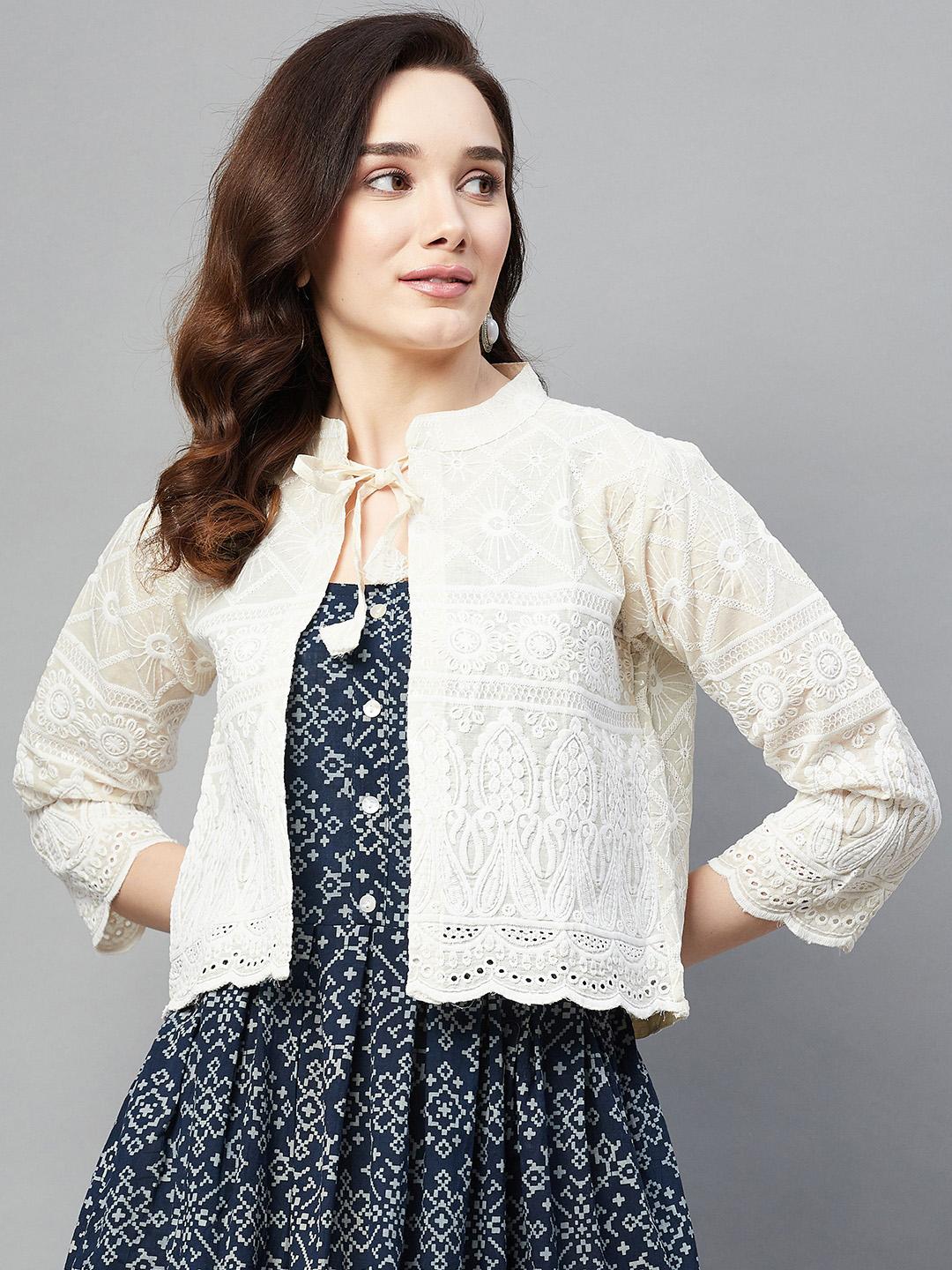 Aarika Women Off White Embroidered Crop Open Front Jacket