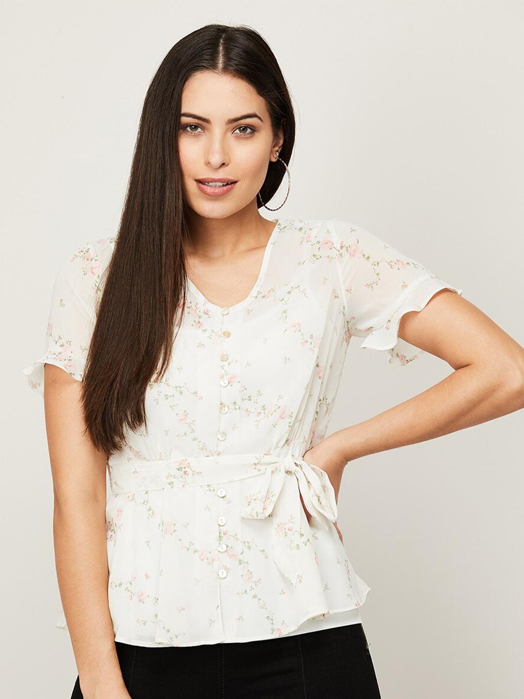 Women's Beige Floral Printed Crepe Cinched Waist Top