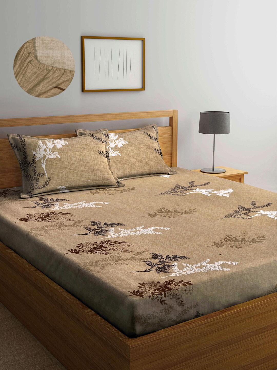 Buy Arrabi Brown Floral Cotton 300 TC Fitted Super King Fine Bedsheet With 2 Pillow Covers 98 X 87 Inches -  - Home for Unisex