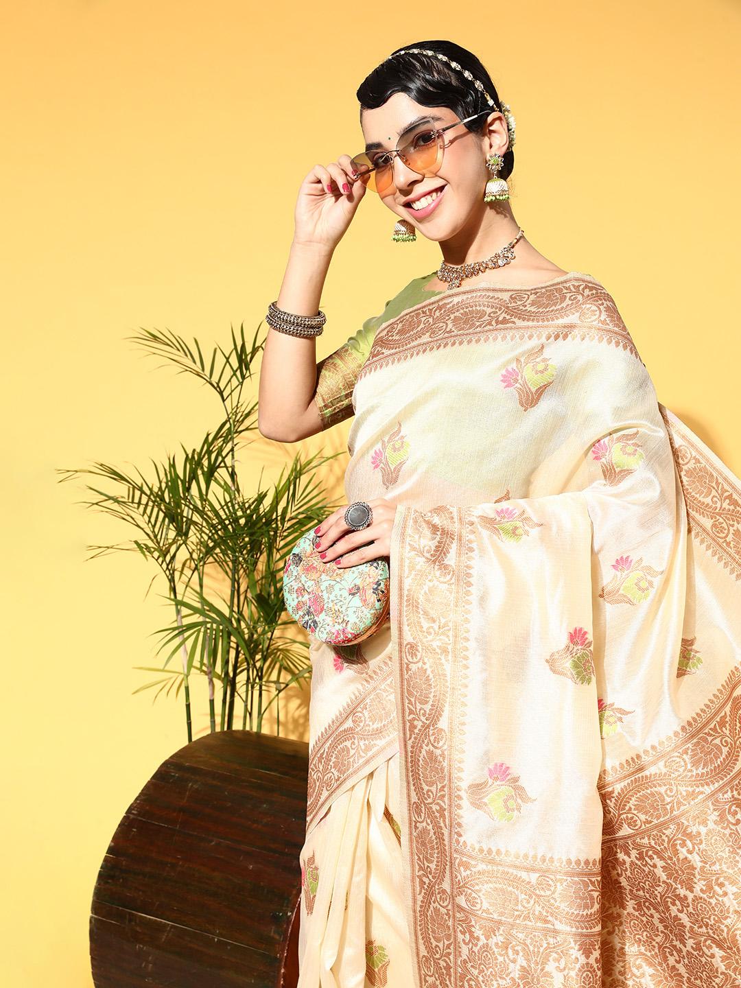 Beige Woven Design Brocade Saree